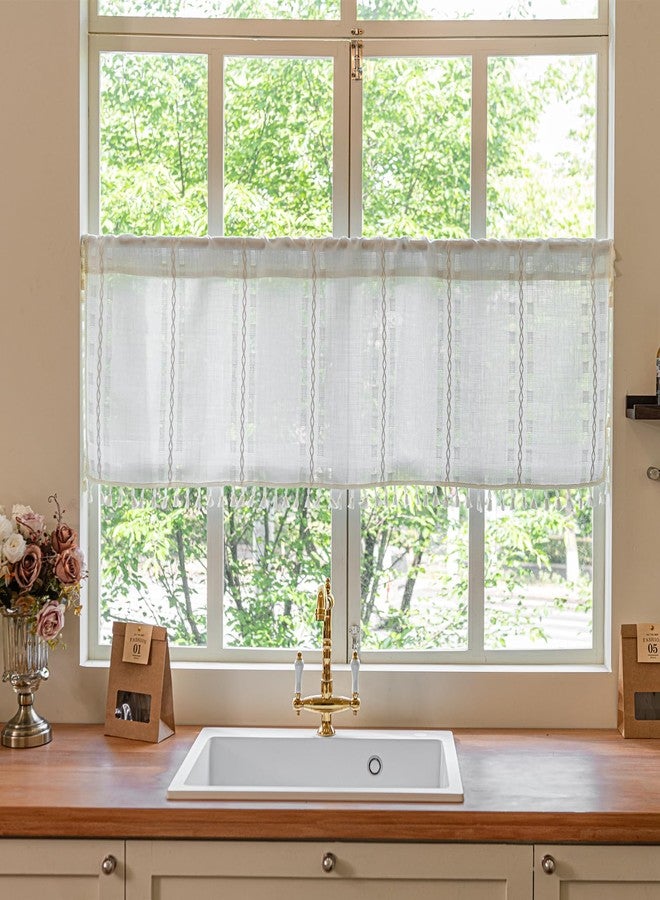 Deeprove ستارة مطبخ قصيرة من ديبروف بوهو فالانس، ستارة مخططة منقوشة، ستارة أنيقة مطرزة بطبقات لتصفية الضوء، مناسبة للمقاهي والمطاعم وغرف الغسيل، مقاس 52 × 18 بوصة، لوحة واحدة، لون أبيض كريمي - Image 1